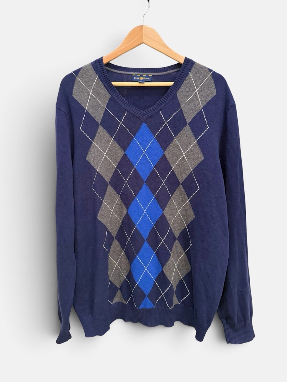 Club Room Men’s Argyle V-neck Sweater Blue 100% Cotton